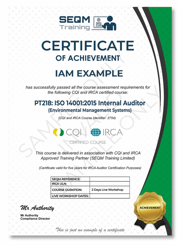 ISO 14001 INTERNAL AUDITOR TRAINING COURSE - CQI and IRCA CERTIFIED TRAINING