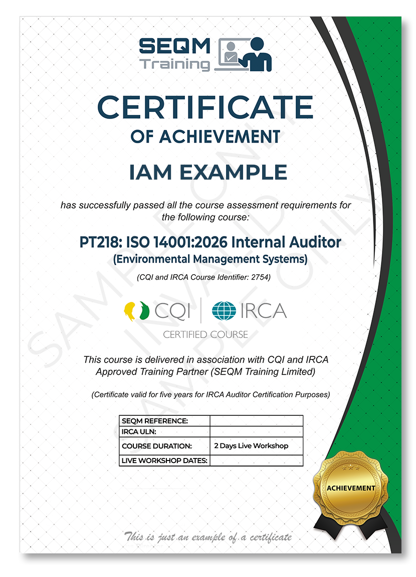 ISO 14001 INTERNAL AUDITOR TRAINING COURSE - CQI and IRCA CERTIFIED TRAINING