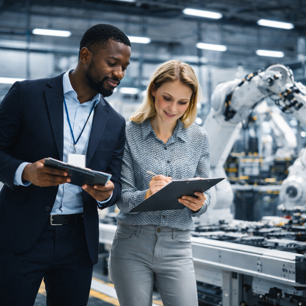 IEC/ISO 42001 Auditors in robot factory auditing the manufacturing process