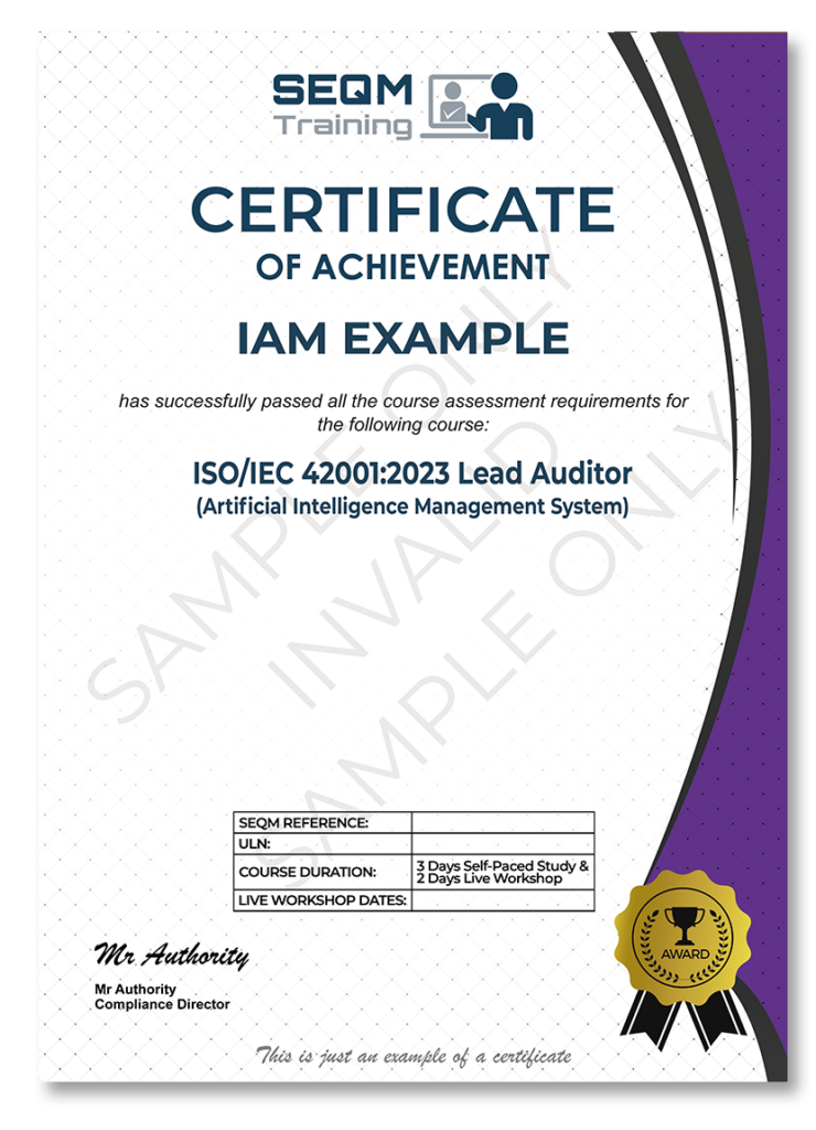 IEC/ISO 42001 Sample Certificate | SEQM Training